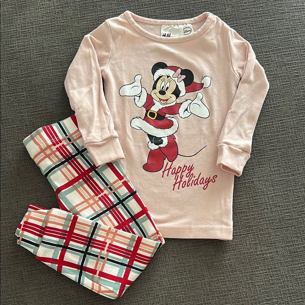 H&M Kids Light Pink and Plaid Minnie Mouse Holiday Pajama Set